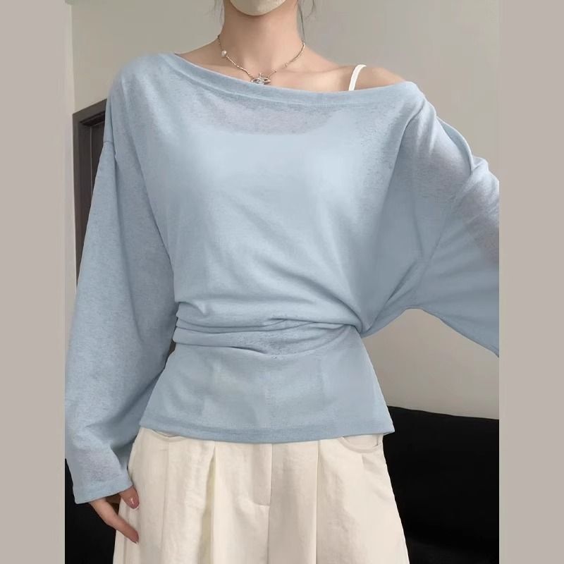 Blue Strap Lazy Blouse Women's Spring and Summer New Loose T-shirt Thin Korean Style Atmosphere Micro-transparent Long Sleeve Top