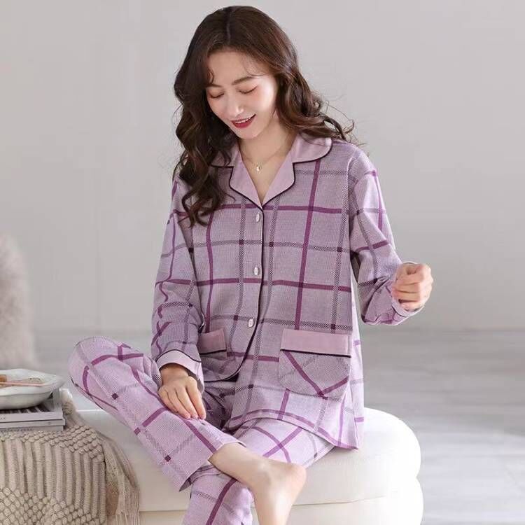 Pijamas de mujer manga larga 100% algodón primavera y otoño estilo coreano talla grande Otoño e Invierno ropa de casa verano traje de dos piezas