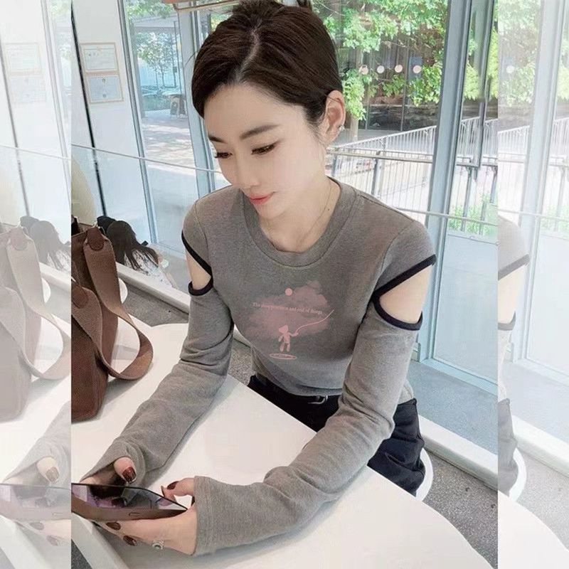 秋季新款破洞设计感长袖打底衫女洋气减龄T恤修身纯棉上衣潮|undefined