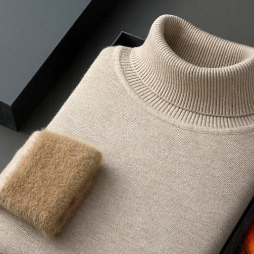 High Collar Fleece-Lined Thickeneded One-Piece Knitwear Autumn and Winter Men's Half Turtleneck Knitwear Pure Color Warm Base Layer
