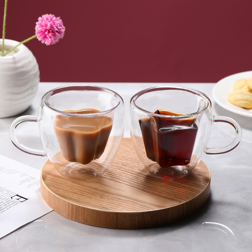 High Borosilicate Glass Cup, Simple Insulation Anti-Scald Juice Milk Coffee Glass Water Cup Heart Shaped Double Layer Glass Cup