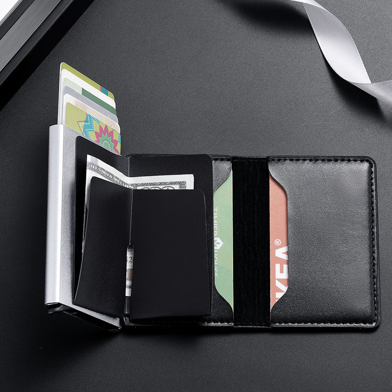 Cepillo antirrobo RFID automático titular de la tarjeta de crédito caja de metal de aluminio posición multi-tarjeta de los hombres bolsa de plata titular de la tarjeta