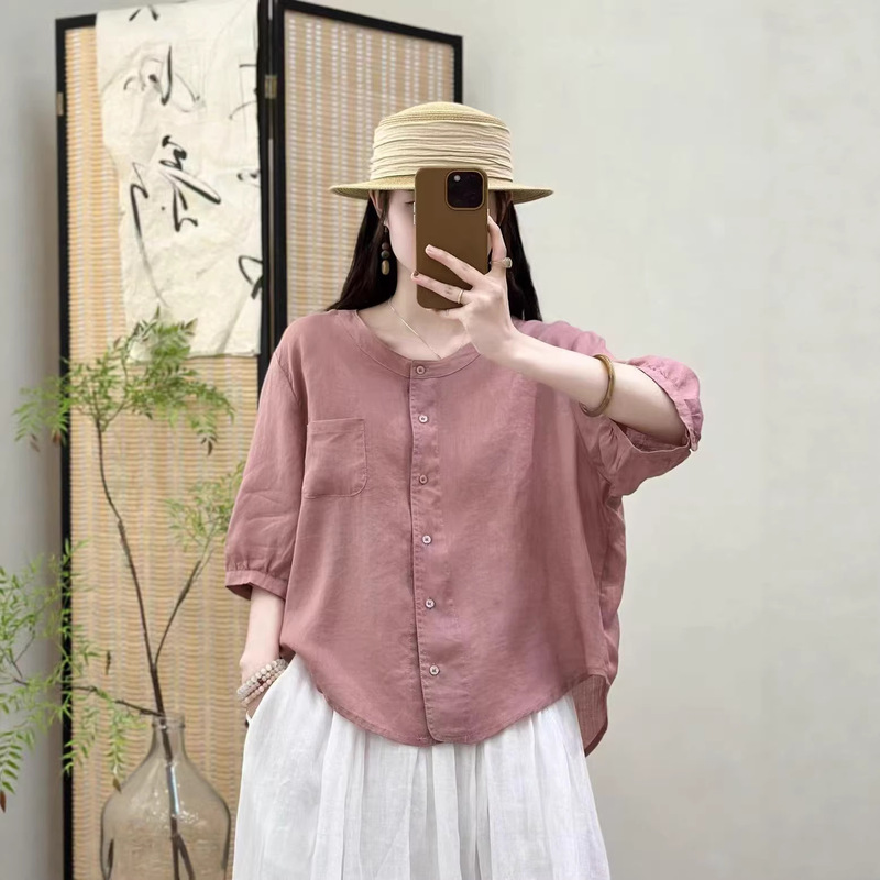 26 Spring/Summer Women's Shirts, Short-Sleeved, Skin-Friendly, Loose Casual Korean Style Thin Shirts, Ramie Round Neck