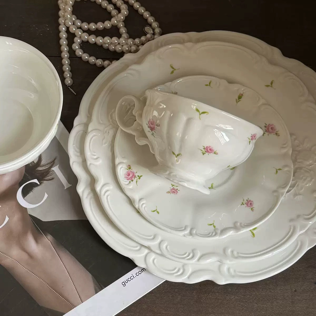 Французское ретро кружево розовая роза рельефная керамическая тарелка