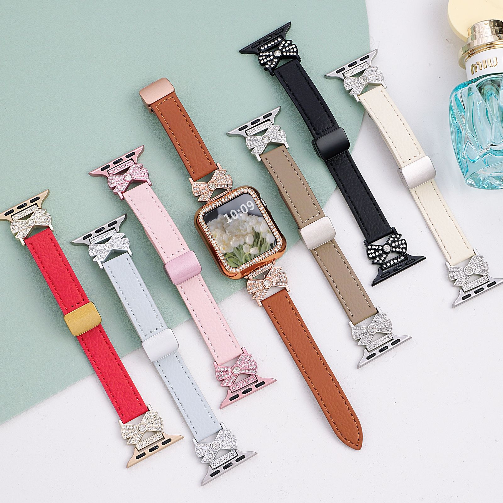 Suitable for Apple Watch Strap with Bow and Diamond Inlay for Women, Metal and Leather Strap with Magnetic Suction for Apple Watch S11