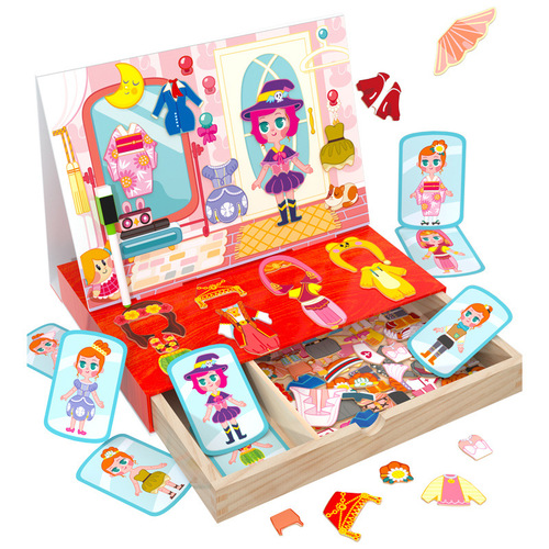 Children's educational jigsaw puzzle cartoon magnetic little girl dress-up puzzle wooden magnetic double-sided drawing board toy