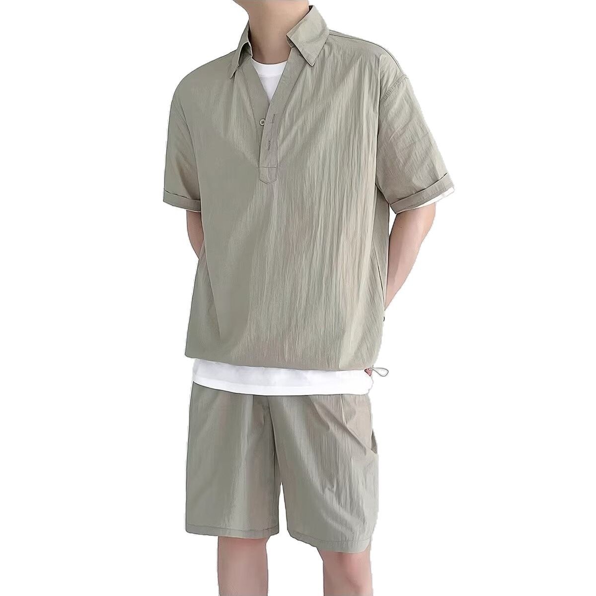 Origen Fabricante Traje deportivo de ocio Camisa de polo de dos piezas de secado rápido de seda de hielo de cinco puntos de manga delgada de verano de manga corta para hombre