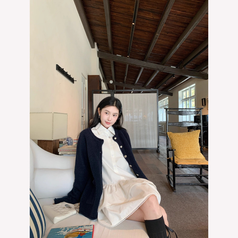 Cheese'Flower Room Girl' Skirt Women's Lace Niche A-Line Skirt Spring Long-Sleeved White Shirt Dress