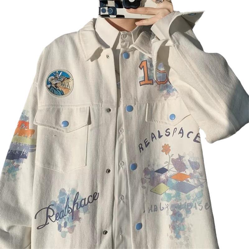 Colorido impreso solapa Denim chaqueta hombres primavera y otoño 2023 nueva suelta graffiti diseño sentido nicho estilo chaqueta