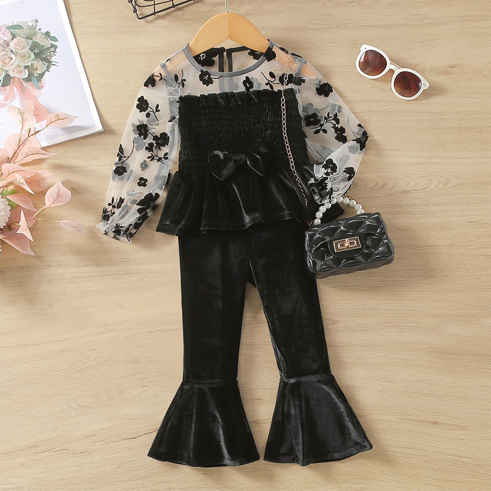 Nouveaux produits de vêtements pour enfants EW pour filles en automne et en hiver, ensemble de mode pantalon évasé en maille de velours TZ616-C_voghion.com
