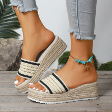 欧美跨境凉拖女2025夏季新款大码36-42码坡跟厚底松糕拼色凉拖鞋