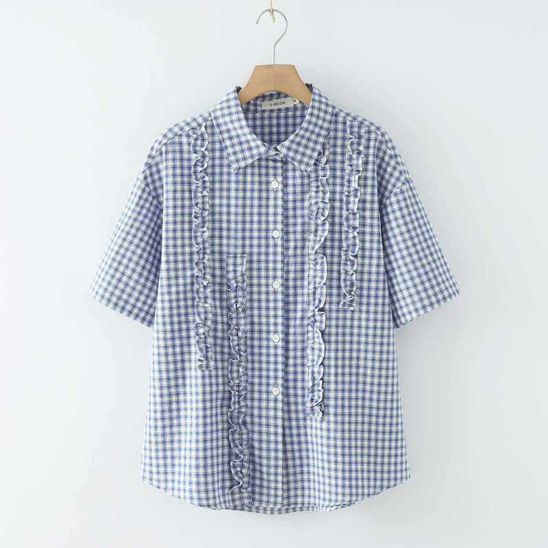 Japanese Retro Short-Sleeve Plaid Shirt for Women, Summer Artistic Style Lace Splicing Loose Slimming Pure Cotton Top