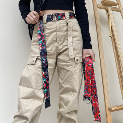 Northeast Big flower canvas belt Versatile Audio network Waist belt ins Belt Korean Edition Overalls men and women student