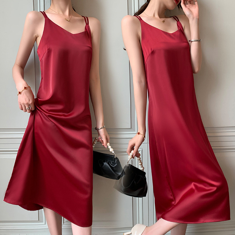 Acetic Acid Silk dress Women's Pure Wish Inner Slip Skirt plus size Backless High-end Nightwear Satin Pajamas Long Skirt