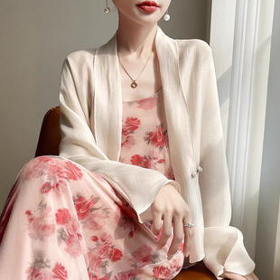2025 Summer New Chinese Style National Style Pan Mouth Chiffon Sunscreen Thin Cardigan with Strap Outer Shawl