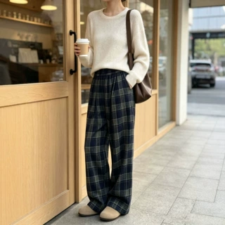 2026秋冬季女新款松紧腰复古格纹直筒加绒休闲裤长裤百搭女款裤子