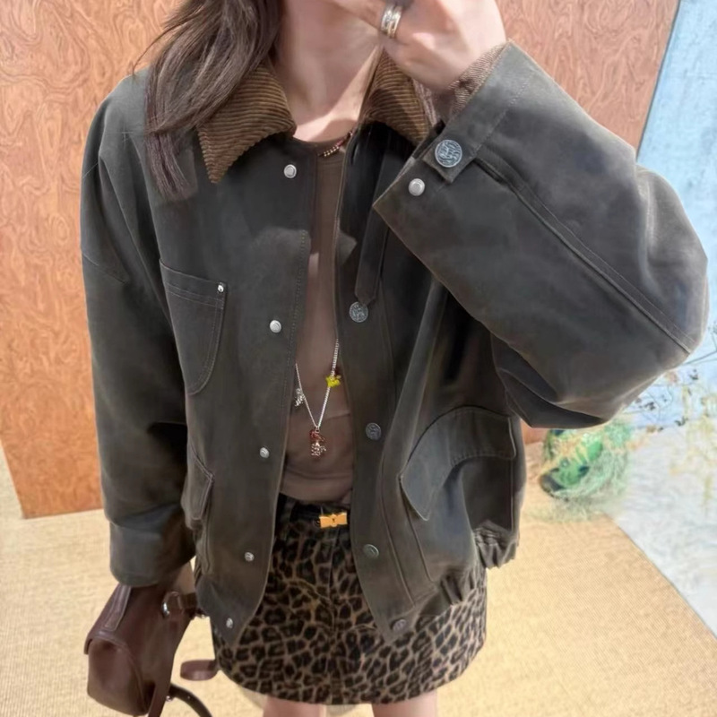 In-Stock Ice Designer Brand Vintage Color-Block Lapel Short Jacket 25 Autumn Winter American Barn Style Coat for Women