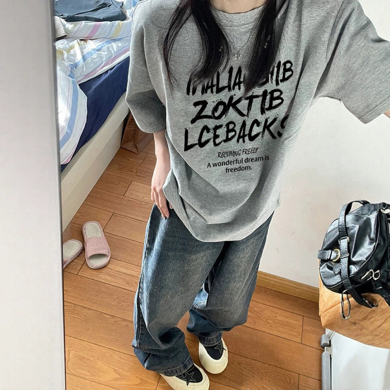 Pure Cotton American Retro Trendy Brand Gray Short-Sleeve T-Shirt for Women 2026 New Design Niche Style Regular Shoulder Half-Sleeve Top