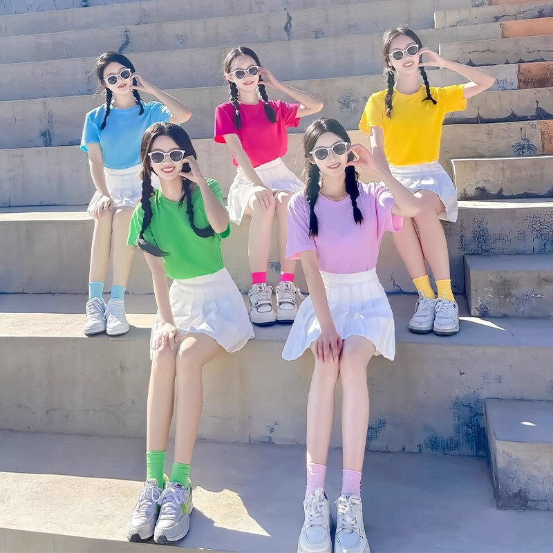 Candy-colored T-shirt cheerleading performance cheerleading performance summer games high school students graduation season girlfriends clothing