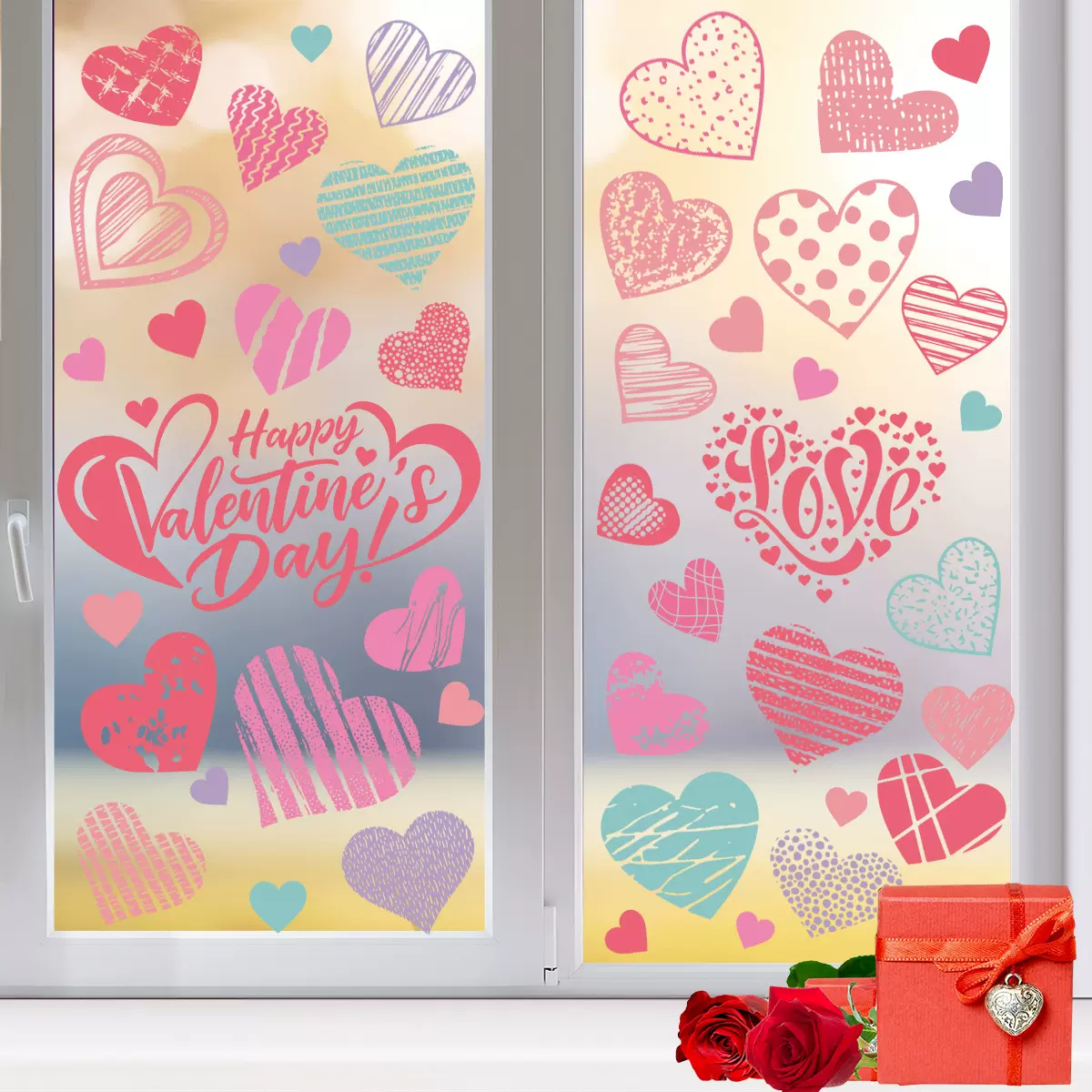 批发浪漫情人节爱心主题窗贴节日派对场景氛围商场橱窗装饰静电贴