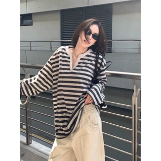 韩系条纹V领防晒正肩长袖T恤女夏季慵懒松弛感外搭宽松罩衫上衣薄