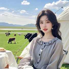 2026爆款独特绝美别致时髦设计感小众灰色木耳边拼接上衣女