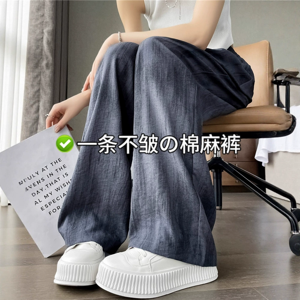 Широкие брюки из льна и хлопка с принтом тай-дай для женщин, лето 2025, новый стиль, тонкие, повседневные, узкие прямые льняные брюки