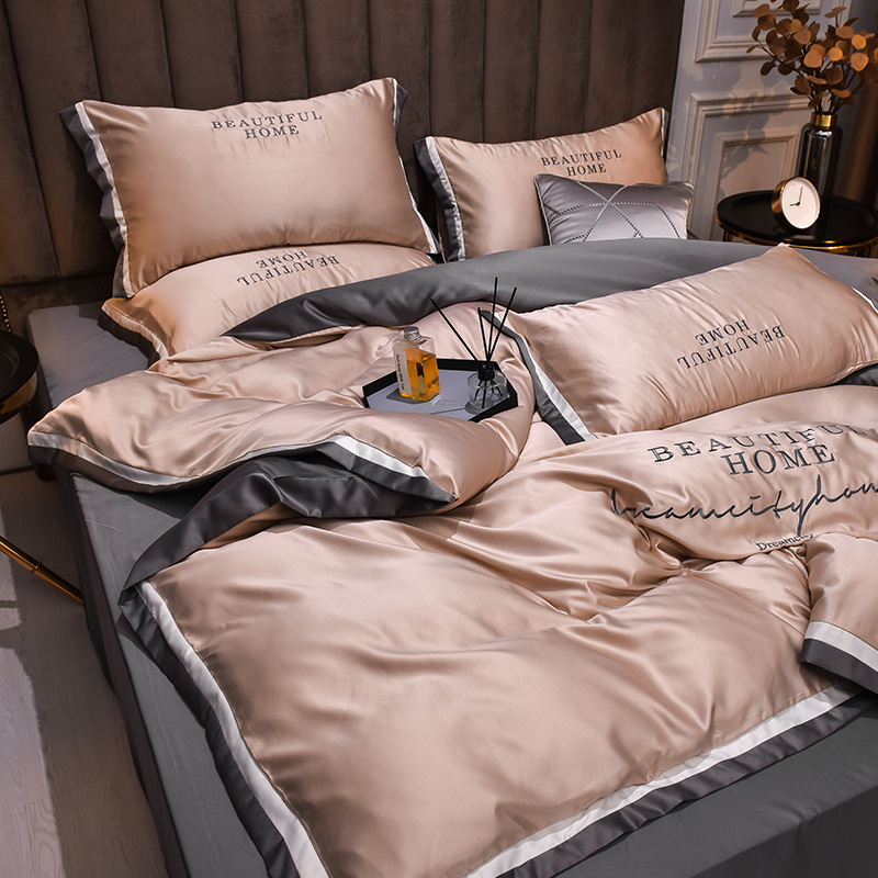 Nordic Style 60-Count Washed Silk Four-Piece Set with Embroidery, Tencel Three-Piece Set, Ice Silk Duvet Cover, Fitted Sheet Wholesale, All-Season Style