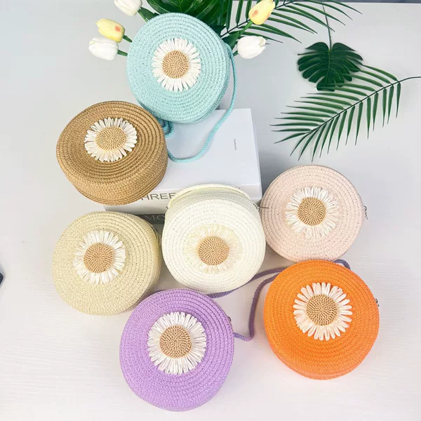 New Large Sunflower Straw Woven Bag, Children's Coin Purse, Cartoon Round Bag, Tourist Attraction Stall Cute Small Crossbody Bag