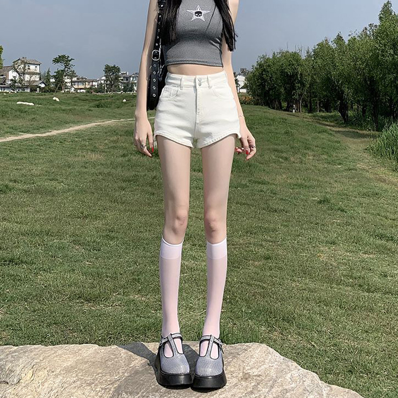 여성을위한 흰색 데님 반바지 여름 2025 새로운 겉옷 하이 웨이스트 슬림 타이트 핫 소녀 a 라인 슈퍼 짧은 핫 바지