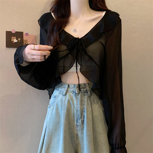 Lace tie sweet spicy design breathable sundress style open jacket women apricot color thin cover-up versatile small top