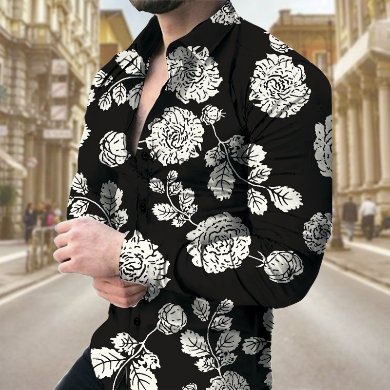 Spring And Autumn New European And American Men's Long Sleeve Shirt Casual Printed Shirt_viptrois.com