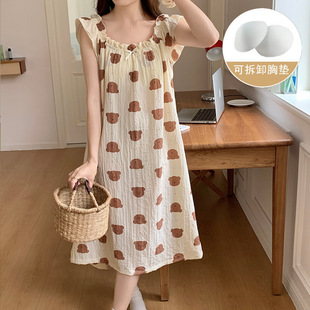 Cross-border Pajamas for Women 2024 Spring and Summer with Breast Pads, Bubble Cotton Suspender Nightgown, K-style Cartoon Home Clothes That Can Be Worn Outside