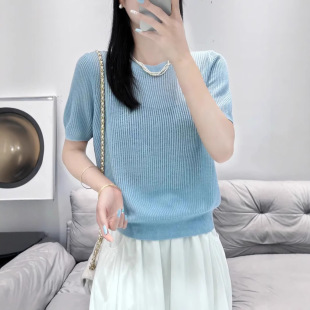 Plus Size Fat Mm2025 New Summer Style Beautiful Thin Textured Soft Waxy Knitted Short-Sleeved Age-Reducing Slimming Look Tops for Women