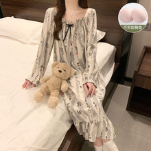 睡裙女带胸垫春秋季长袖中长款高级感新款女士春秋款睡衣一件代发