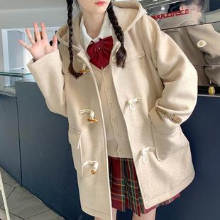 Japanese Woolen Coat Women's 2024 Spring Autumn and Winter New Corner Buckle Small Hooded Woolen Coat Student Thick