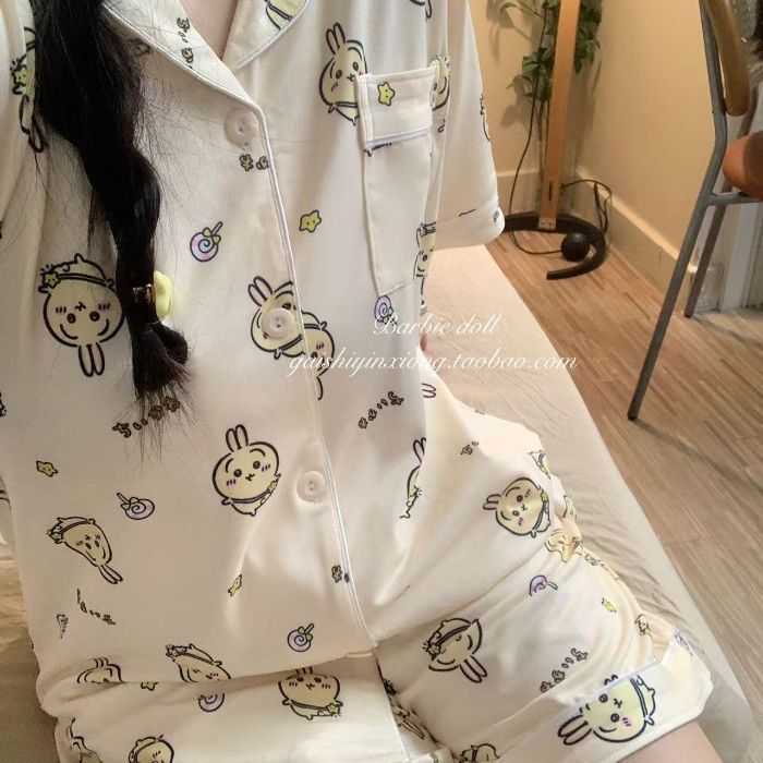Venta al por mayor transfronteriza verano nuevo pijama mujer nube algodón dibujos animados a cuadros solapa cárdigan manga corta dulce traje de servicio a domicilio