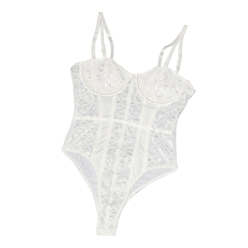 Encaje de una pieza con costuras sexy delgado nuevo estilo transfronterizo europeo y americano chica caliente camisola de una pieza transparente hueco