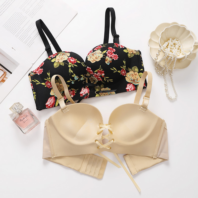 Cross-Border Popular Drawstring Front-Tie Bra, Wireless Thickened Bra, Push-Up Bra for Small Busts, Women's Foreign Trade Lingerie