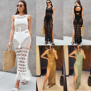 New hollow-out knitted tassel dress Beach blouse vacation swimsuit outdoor blouse dress
