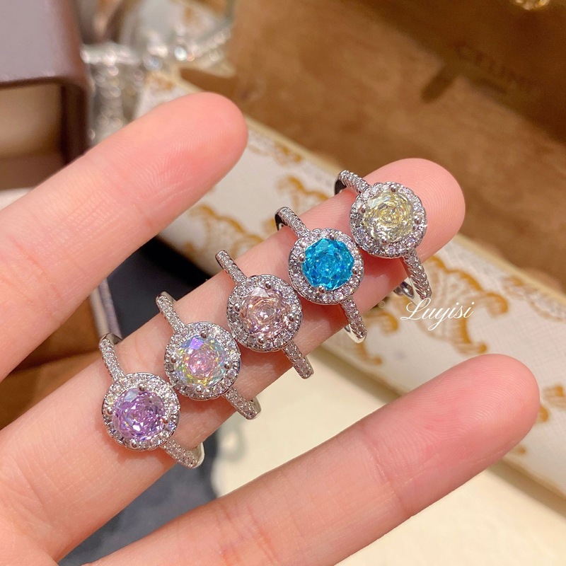 新款直播八角千禧玫瑰切炫绿紫戒指轻奢时尚高碳钻玫瑰花圆环钻戒|undefined