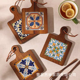 跨境木质花砖杯垫家居碗碟隔热垫带手柄咖啡杯垫下午茶点饮品餐垫