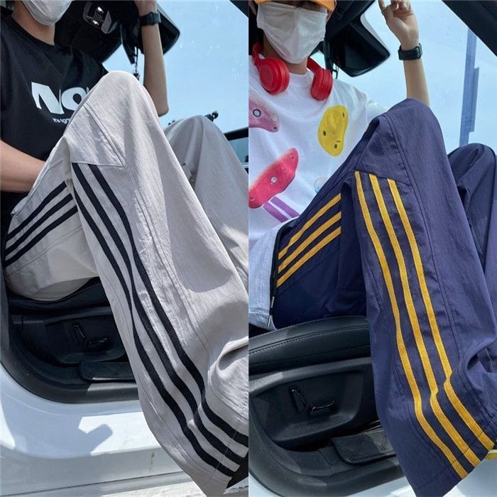 Pantalones de hielo de verano de tres barras para hombres delgados pantalones deportivos largos sueltos rectos de piernas anchas pantalones casuales de hombre