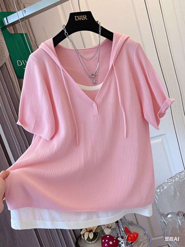 [スリムデザイン] 偽ツーピースフード付きアイスシルクニット半袖Tシャツ、女性用、夏用、薄手、ユニークでシック、スリム|undefined