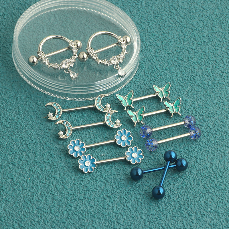 12-Piece Stainless Steel Dripping Chrysanthemum Nipple Ring Set with Zircon Nipple Nail - Body Piercing Jewelry detail image 11