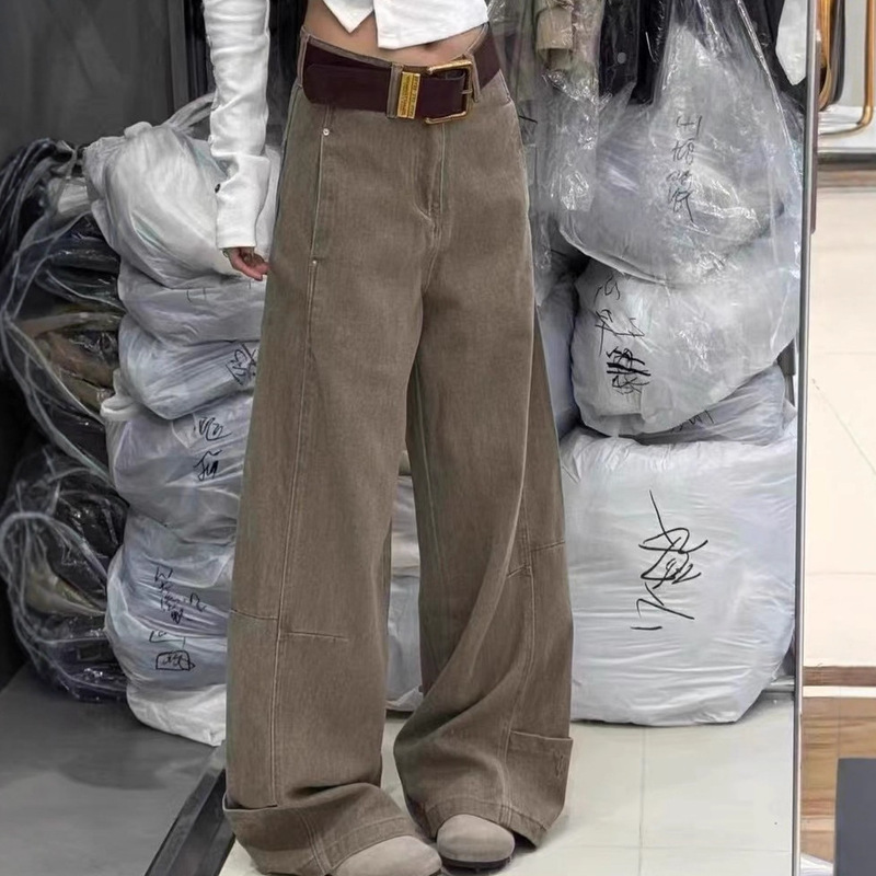 Korean 2025 Autumn and Winter Loose Casual Straight Wide-Leg Drapey Versatile Jeans Slimming Casual Curved Pants for Women