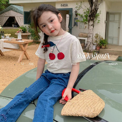 童裝2024夏季新款兒童T恤女童韓版時尚吸汗圓領櫻桃白色打底上衣