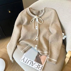2025 春フレンチスタイルルーズリボンカーディガンセーター優しい気質スリムニットセーター女性のための
