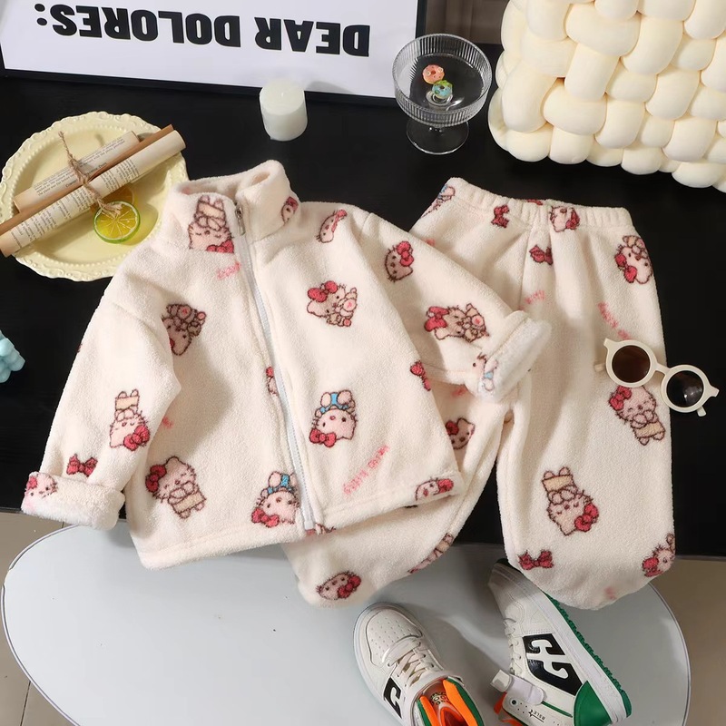 儿童冬季家居服新款中小童法兰绒卡通萌趣家居服加绒加厚睡衣套装|undefined