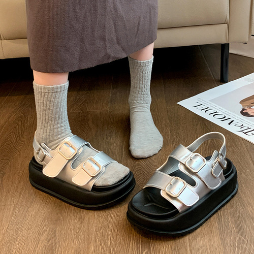 Roman sandals for women 2024 summer new thick-soled Korean-style retro round-toe double strap student casual beach sandals